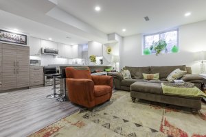 Elegant and contemporary basement renovation in Toronto with a fully equipped kitchenette, comfortable lounge area, and stylish interior design."