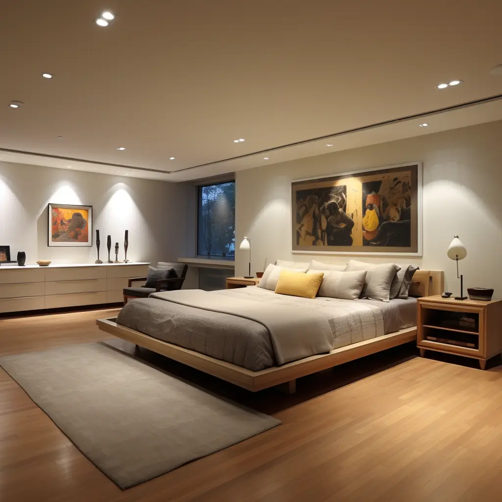 Basement bedroom renovation with bed, lighting, storage, and egress planning