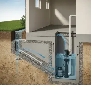 Diagram showing basement construction layers and below-grade wall and floor components