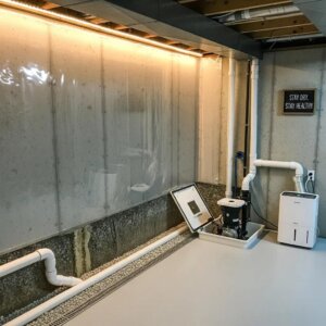 Modern basement waterproofing setup with moisture barriers and sump pump