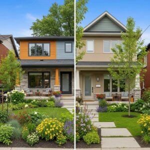 Modern Toronto home exterior with nature-inspired colors and lush landscaping