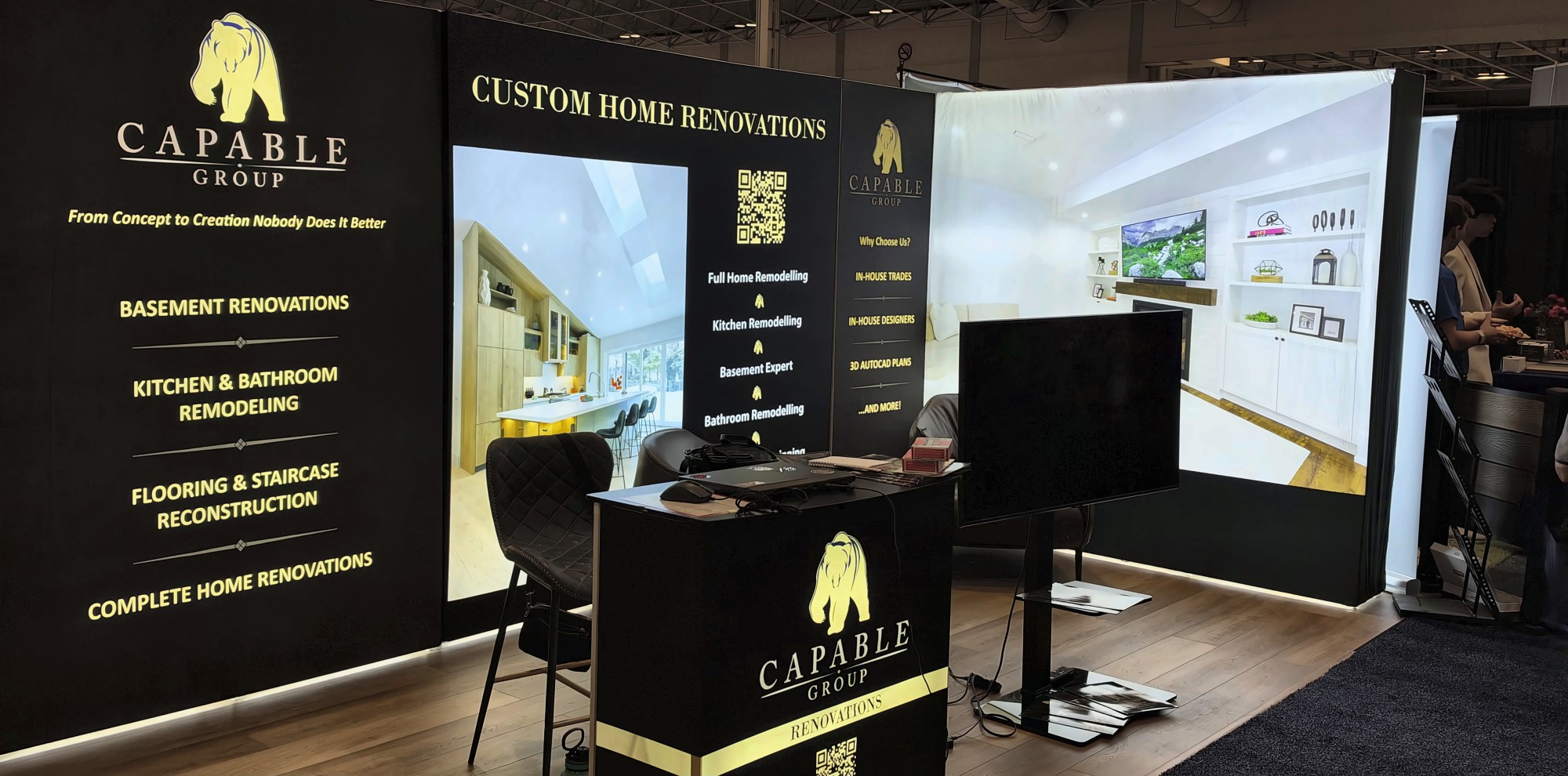 Capable Group renovation booth at the 2026 Fall Home Show in Toronto with a 3D design screen and project photos